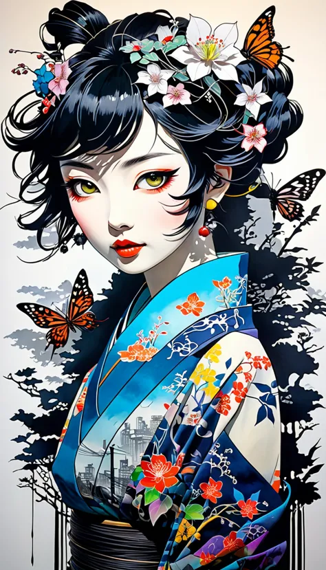 fusion of watercolors and oil paintings, fusion of paper cutting and shadow puppetry, mix of japanese painting, ukiyo-e and wood...