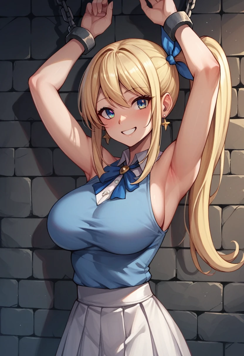 score_9, score_8_up, score_7_up, score_6_up, score_5_up, score_4_up, source_anime, 1girl,masterpiece, best quality, highres, lucy heartfilia, smile, blonde hair, long hair, side ponytail, blue ribbon, large breasts, earrings, blue shirt, sleeveless shirt, white skirt, w-w-chain, shackles, spread arms, dungeon, best quality, best res, 4K UHD,
 