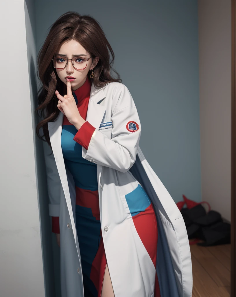 1 girl, android 21, dragon ball fighter Z, masterpiece, 4k, realistic, long whavy brown hair, shining blue eyes, freckles, square glasses, labcoat, chess patterned dress, blue and red patterned dress, worried eyes, annoyed, finger on mouth, shushing viewer, in a corner of a apartment, bright colors