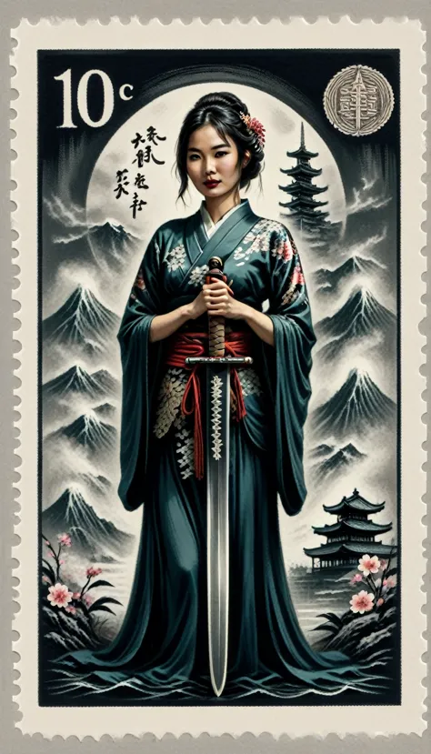 stamp , fillagree, realistic, pretty, lovely,landscap art retro, japanese warior woman, japanese sword, old vintage stamp, ink p...