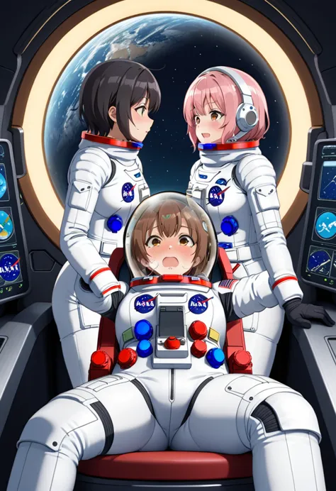 astronaut) brown hair, a pair of girls, very short hair, black hair, ,  short hair,  ,(blushing),aheavy breathing, sweat, woman ...