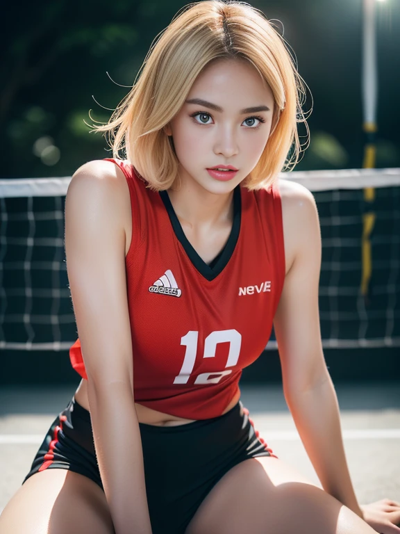 (masterpiece:1.2,Highest quality,Ultra-high resolution,Very detailed:1.2),((Volleyball Player))，(Photorealistic Stick:1.5),(RAW Photos:1.5),Elaborate photos,8k,((Sweaty 1.5)),Cinema Lighting,((Shiny skin 1.5)),(Sophisticated lighting:1.2),((Blonde 1.4)),(1 female),(Young Japanese Woman),(bevel:1.4),(Short Bob:1.4),(Before a volleyball match),(Red Sleeveless Pichi Pichi 1.2),(Black shorts),(Thick thighs 1.2),(beautiful Face,Detailed face,,beautiful Eyes,beautiful Eyes,beautiful Skin,Skin Texture:1.3),(sexy),(beautiful),(Idol&#39;s face),(Japanese_Sweaty),(Gymnasium background:1.5),（Volleyball court）