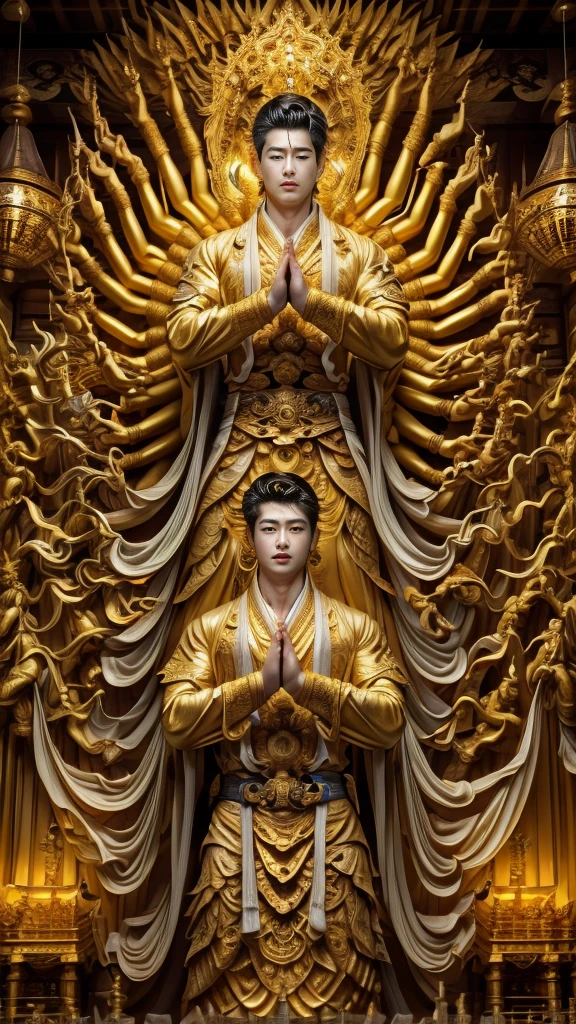 disconsolate，Ambient，artistic conception，large scene，The wind blew up the white curtains，Dattain lamps，Diffuse light，chest muscle，Shirtless, stubbles, Sideburns, musculature, Strong handsome korean  guy， a golden statue of handsome men god , multiple hands holding some weapons, , Hanfu，Golden blue、Jing Qing Moqing、jackson wang, Plain cherry blue，Junyi，Dignified atmosphere，Temperament，Short hair, Flat-headed beautiful man，The light is gentle，The scene comes to life