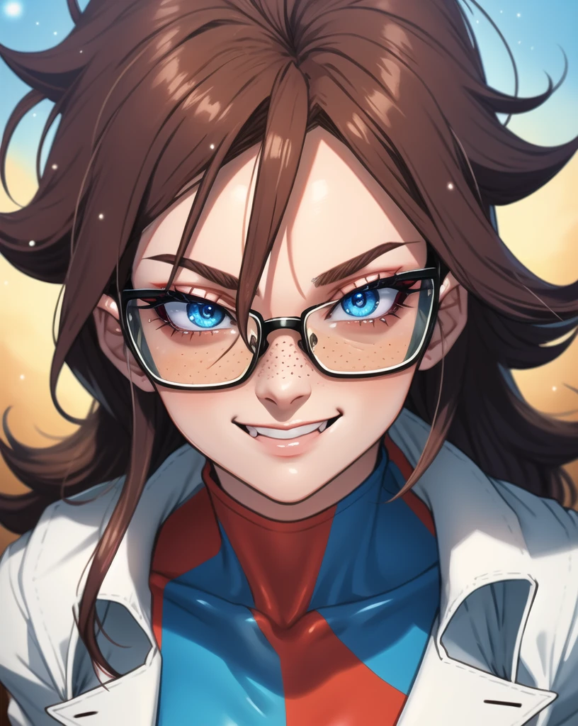 1 girl, android 21, dragon ball fighter Z, masterpiece, 4k, realistic, long whavy brown hair, shining blue eyes, red eyeliners, freckles, square glasses, labcoat, chess patterned dress, blue and red patterned dress, big smug smile, leaning to viewer, walf closed eyes, big blush, blurry background, bright colors, close up, face focus.