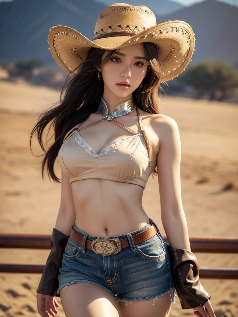 western cowboy style, best quality, 8k, very delicate and beautiful, highly detailed face and skin texture, shiny skin, high resolution, sexy girl in cowboy costume at western cowboy town, sharp focus