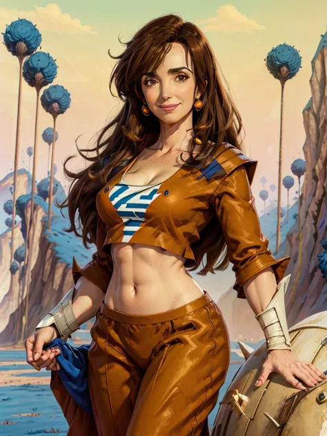 8k, best quality, victoria villarruel dressed as goku in orange and blue, long dark brown hair, thin figure with wide hips, warm...