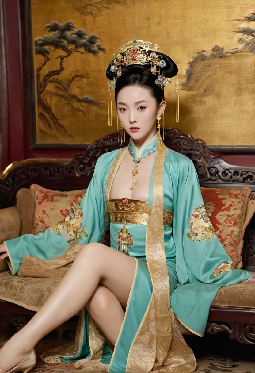 Gorgeous Empress of the Chinese Court during the Qing Dynasty Gorgeous Empress of the Chinese Court on a sofa, nude, large and golden, with her legs on the sofa, wide open, knees bent, in an M pose (pornographic pose), with her hair tied on both sides The background of this perverted and erotic woman wearing a crown and tying her hair is the Chinese court of the Qing Dynasty. The scene is set in the luxurious room of an empress in the Qing Dynasty Chinese court.

Translated with DeepL.com (free version)