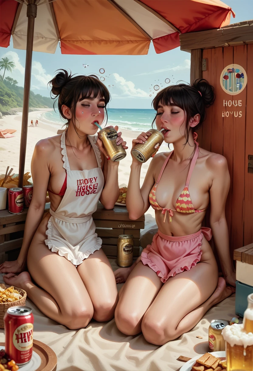 Beach House,20-year-old,girl,bikini,Having a meal,2人のgirl,Naked with an apron,Drinking a can of beer,(drunk:1.3),Sheri