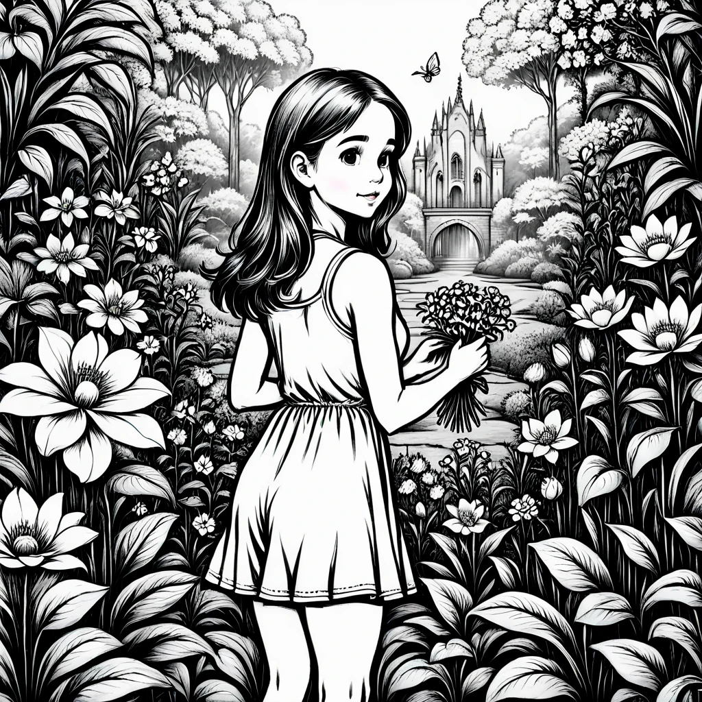 Clean black and white coloring book page of l young girl in beautiful garden picking flowers, black and white, outlines only,  line art, vector, black background, fill page colorable after printing