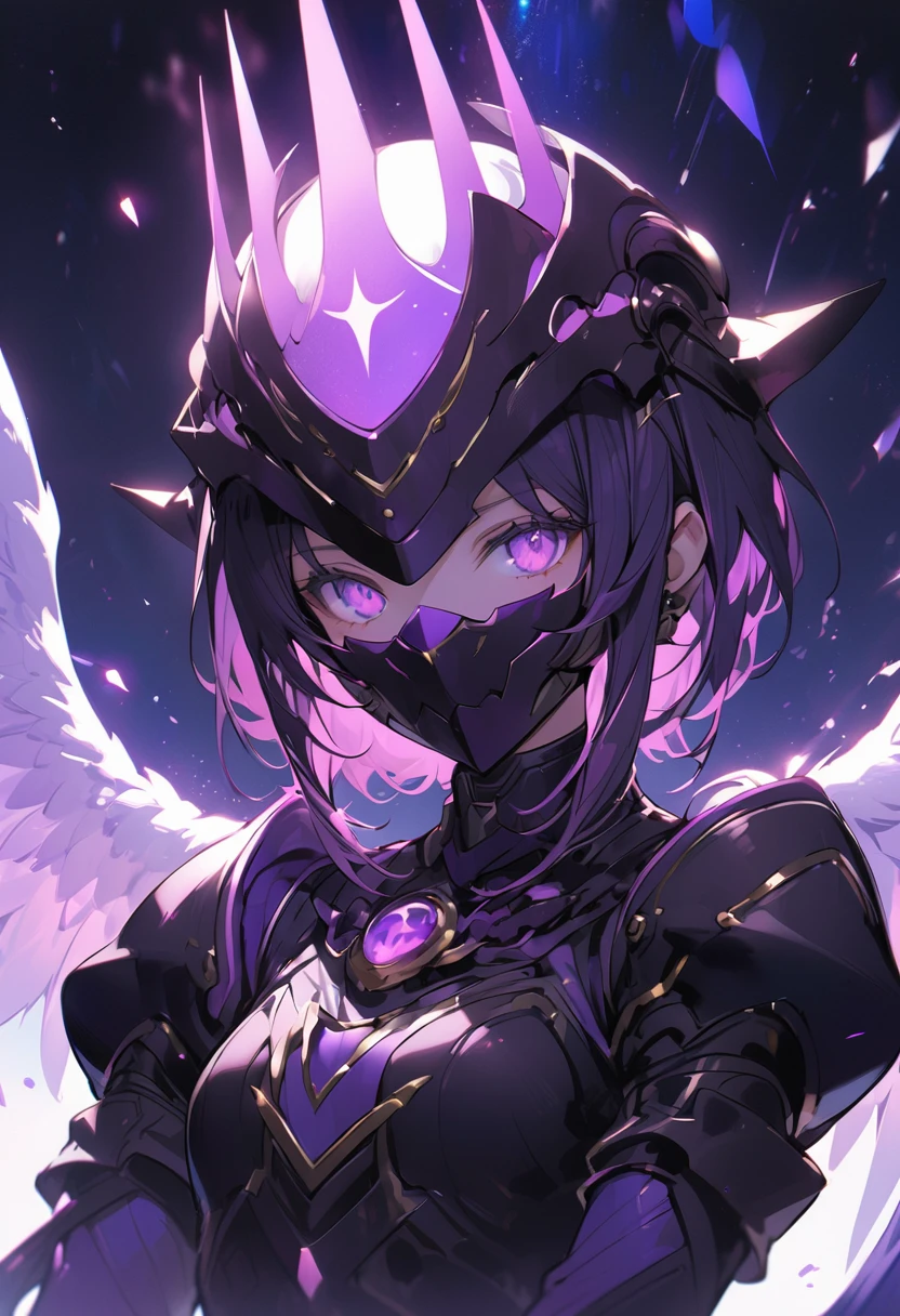 woman in armor of a Cosmic Fallen Angel, a light skinned woman,26 years,flat chest,slender) mechanical helmet with a crown,Helmet to hide the face,Purple and blue lights, closed helmet where only the mouth and glowing purple eyes are shown, bluish purple light wings, purple glowing light eyes, bluish purple light particles, with light shining.