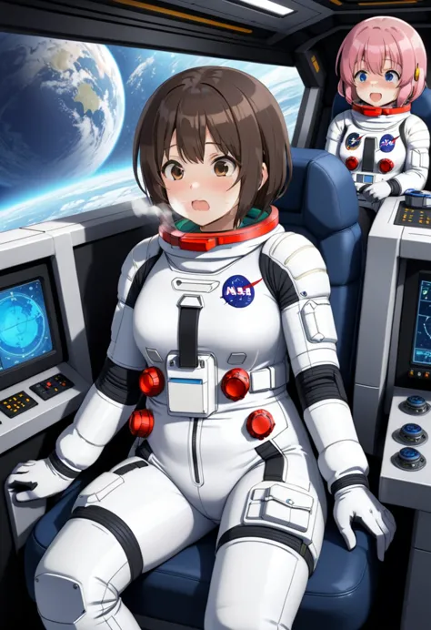 astronaut) brown hair, a pair of girls, very short hair, black hair, ,  short hair,  ,(blushing),aheavy breathing, sweat, woman ...