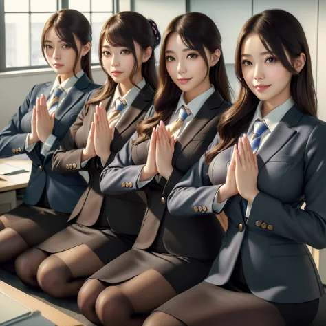 (best quality, masterpiece:1.5), (ultra-detailed, realistic:1.37),4k,(4woman:1.5),japanese,cute,beautiful,(office uniform:1.2),(...