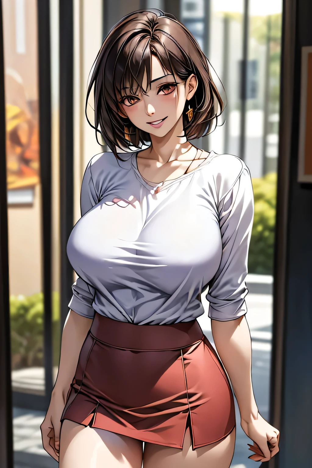 (1 The Ultimate Beautiful Mature Woman), Very detailedな顔, Beautiful brown eyes, double eyelid, Slightly thick detailed lip, Short black hair, (Light purple blouse:1.2), (Red tight mini skirt:1.4), Light pink panties, (Huge breasts), A light smile, (close), Thighs, Perfect lighting, (Realistic:1.4), (Very detailed), (Highest quality), (Best Shadow), (masterpiece), Ultra-high resolution, With background: ((Ginza Art Gallery, Tokyo))