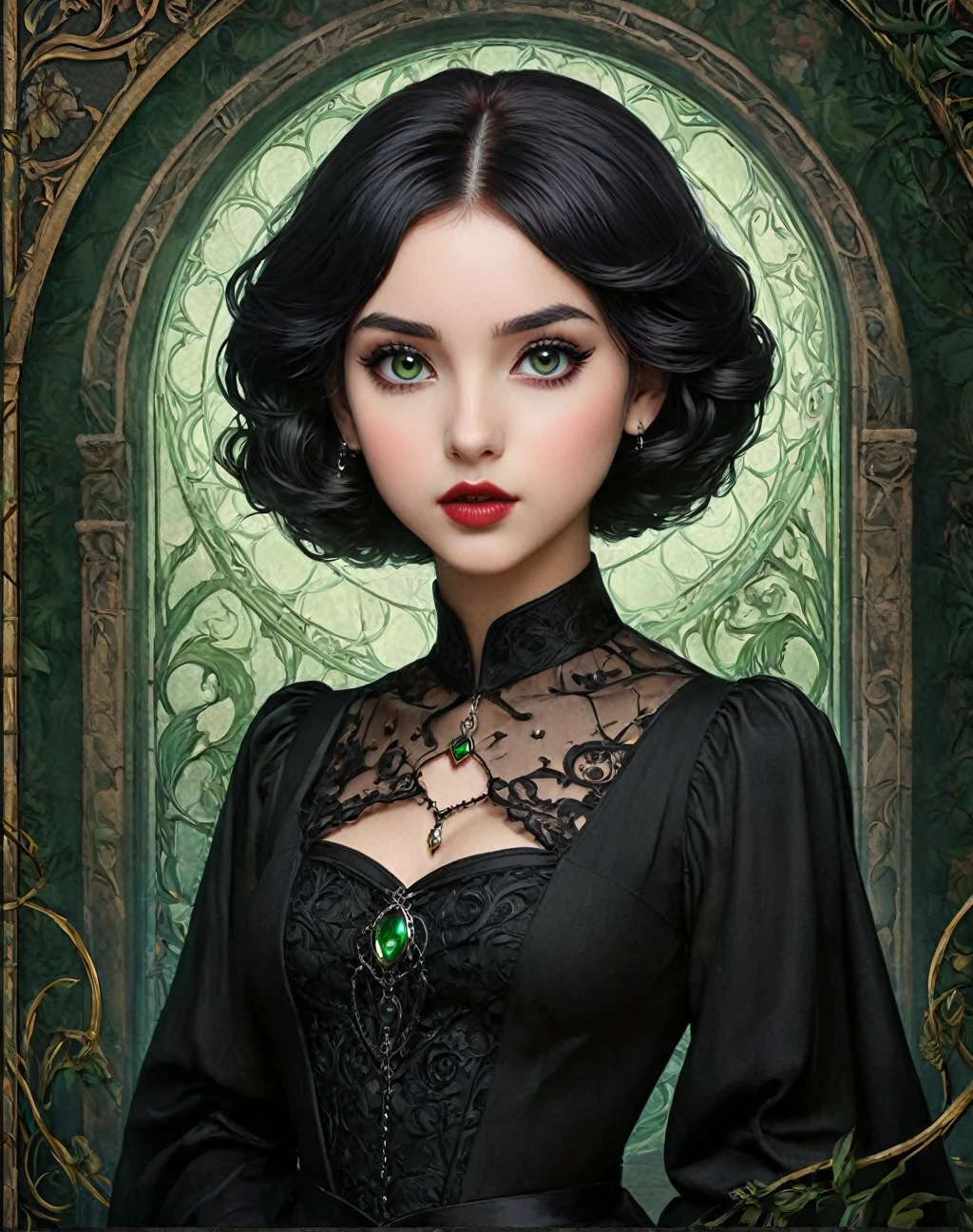 Basic Art Nouveau style, A Vampire daughter of severus snape, 11 year old tarot card with, girl, perfect face, young, (((Oval face))), dark clothes, Soft and melancholy face, exquisite, No wrinkles, gothic style, Perfect for detailed eyes and face, black hair and green eyes vampire girl, short hair, A mix of synthwave and art nouveau, Bold and smooth lines, Dynamic composition mixed with organic Art Nouveau patterns, Intricate roses and patterns intertwined with geometric shapes, Characters that embody vampires，With a mysterious and gothic atmosphere, Robe with Art Nouveau pattern, Digital grid landscape featuring natural forms, Multicolored Glass, blank background, high contrast，Easy to color, Visual clarity, French Art Nouveau, 80's Vaporwave art style. maximalist details,
