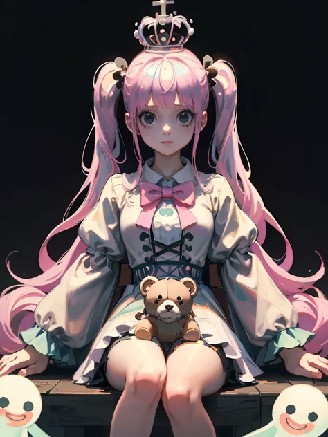 platform, one piece, wearing the crown, pink twin tails, long hair, keeping a stuffed bear, kumasi,  white transparent holo ghos...