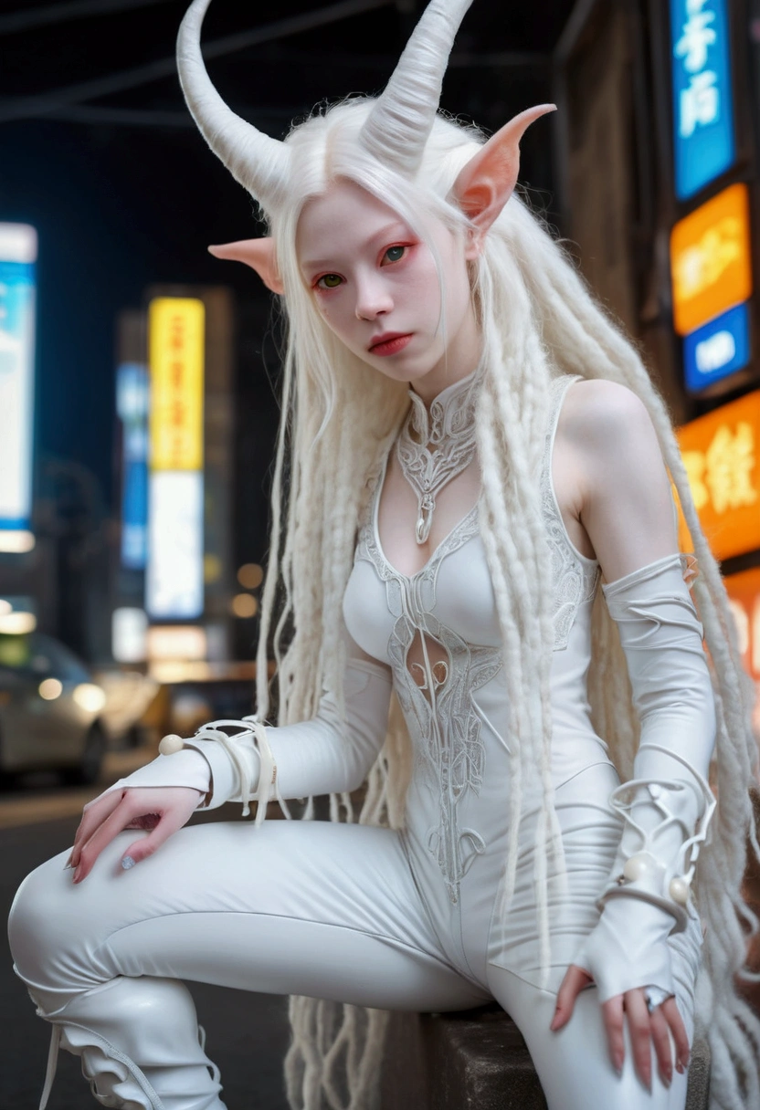 1 girl, (Whole body:1.4), (head-to-toe), (albino demon girl:1.4), (huge long white intricate furry horns), ((white long dreads)), (bright white snowlike furry skin), (very long elvish ears), (minuscule nose), white transparent latex catsuit, (wearing white japanese boots), cyberpunk style, glass skin, looking_at_viewer, chinese girls, Long Legs and Hot Body, LinkGirl, Intricate background of a futuristic cyberpunk street at night with futuristic cars parked around, ((masterpiece)), (best quality), highly detailed, ((4K)), ((8K UHD)), (((ultra-high texture quality))), (ultra-high pixel texture), (hyperdetailed), DLSR, RTX, (((HDR))), beautiful and delicate photo, detailed background, ((vibrant colors)), studio lightning, (Highest image quality, highest quality, highest resolution, professional photography, depth of field, blurry background), ((perfect face)), (highly detailed face), (((ultra-delicate face))), perfect eyes, expressive eyes, (highly detailed eyes), ((delicate eyes)), perfect hands, perfect skin, extremely detailed CG unity 8k wallpaper, detailed and intricate