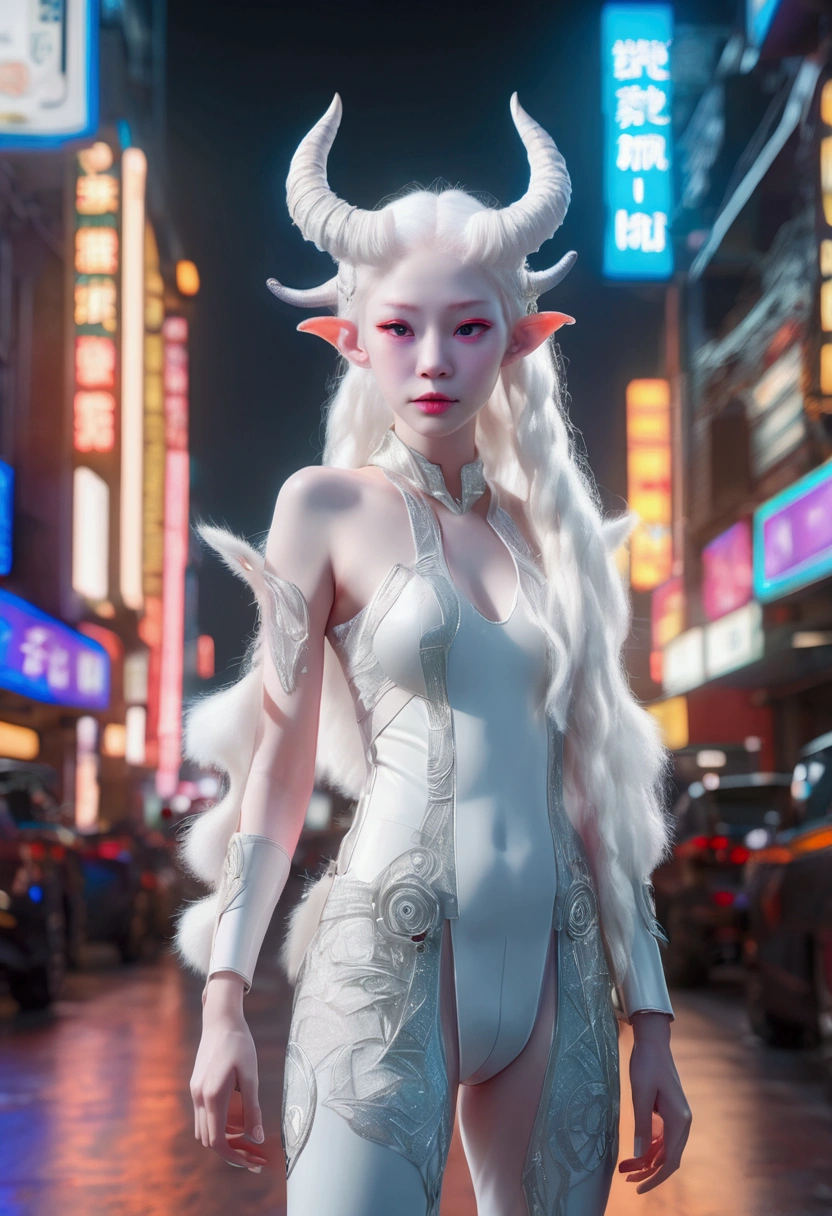 1 girl, (Whole body:1.4), (head-to-toe), (albino demon girl:1.4), (huge long white intricate furry horns), ((white long dreads)), (bright white snowlike furry skin), (very long elvish ears), (minuscule nose), white transparent latex catsuit, (wearing white japanese boots), cyberpunk style, glass skin, looking_at_viewer, chinese girls, Long Legs and Hot Body, LinkGirl, Intricate background of a futuristic cyberpunk street at night with futuristic cars parked around, ((masterpiece)), (best quality), highly detailed, ((4K)), ((8K UHD)), (((ultra-high texture quality))), (ultra-high pixel texture), (hyperdetailed), DLSR, RTX, (((HDR))), beautiful and delicate photo, detailed background, ((vibrant colors)), studio lightning, (Highest image quality, highest quality, highest resolution, professional photography, depth of field, blurry background), ((perfect face)), (highly detailed face), (((ultra-delicate face))), perfect eyes, expressive eyes, (highly detailed eyes), ((delicate eyes)), perfect hands, perfect skin, extremely detailed CG unity 8k wallpaper, detailed and intricate