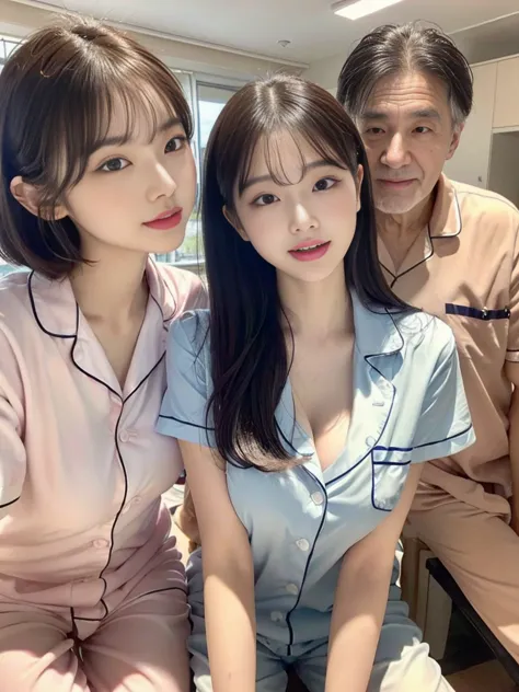 (a photo of a super cute korean schoolgirl wearing cute pajamas chatting with her usual boyfriend and an elderly man:1.2)(laughi...