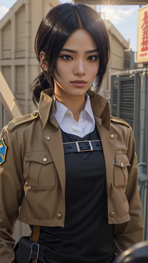 arabian woman in uniform standing in front of a man, attack on titanより, attack on titan, live-action movie stills, jk uniform, s...