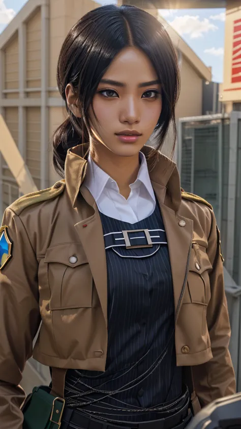 arabian woman in uniform standing in front of a man, attack on titanより, attack on titan, live-action movie stills, jk uniform, s...