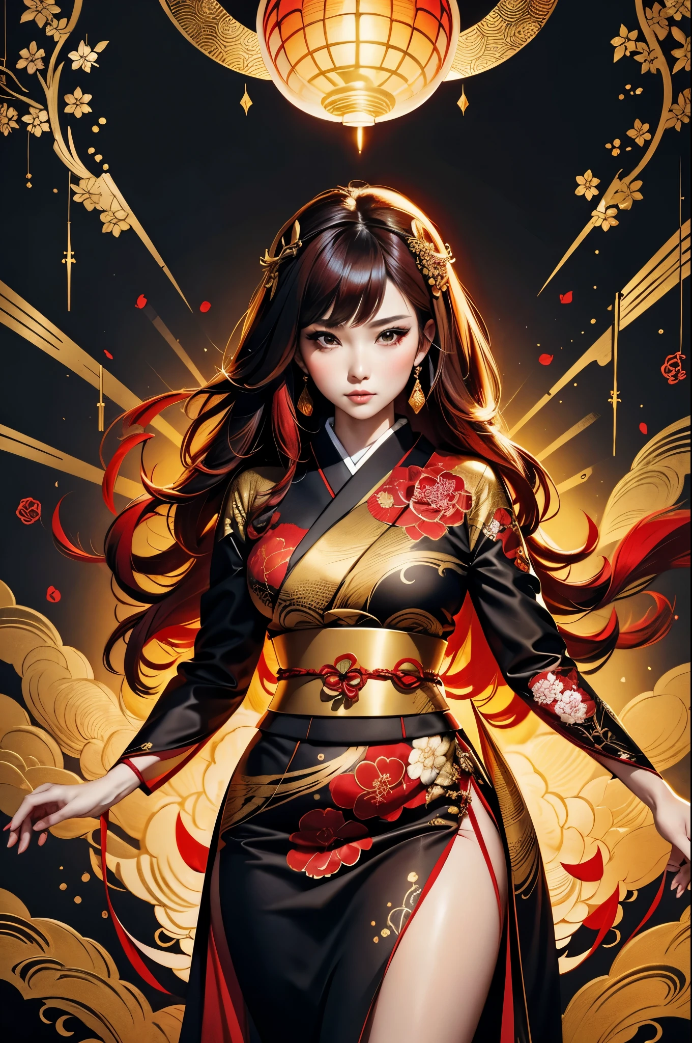 black widow in a golden red kimono dress with a gold halo, japanese goddess, chie yoshii, elegant japanese woman, portrait of a beautiful geisha, intricate geisha kimono, japanese art style