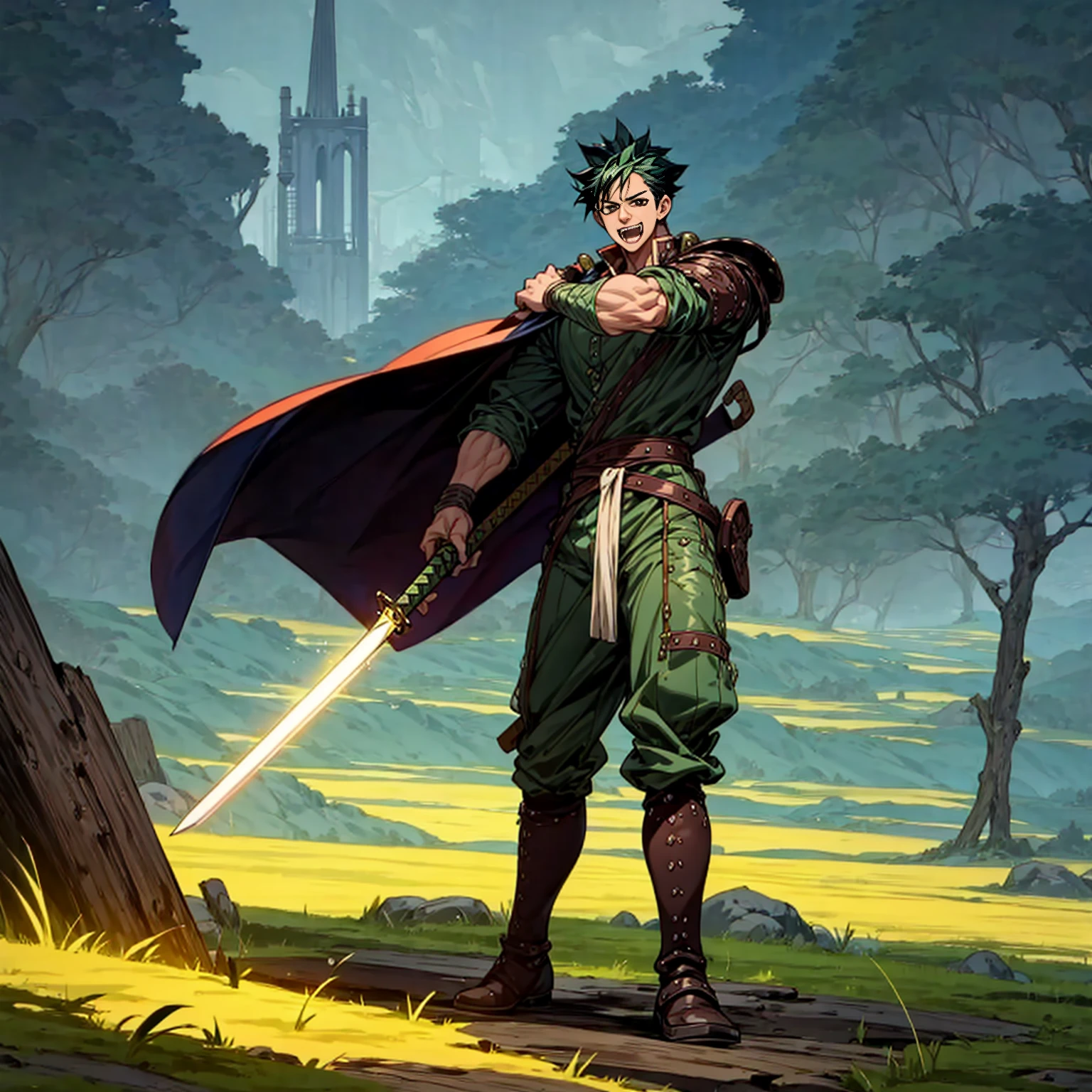 Solo character, middle aged man, full body version, muscle, black eyes, black colour hair, short haircut, soldier clothing, heavy armor, boots, outdoor, village, green land, field, medieval, evening, standing gesture, (one piece style art), detailed clothing, detailed hair, detailed background, open mouth, happy, gold sword in hand, glow effect on sword 