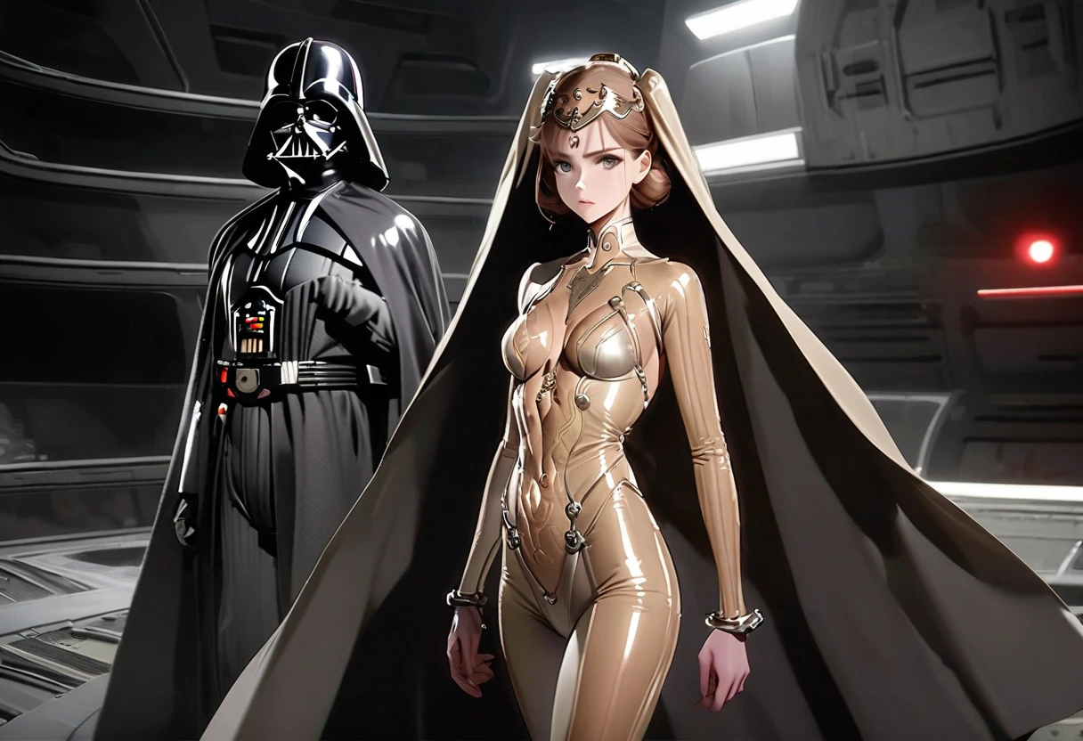 Kate Mara (age 25) in the role of Princess Leia (white metallic skinsuit and cloak) is a high tech and very dangerous torture chamber pleading with Darth Vader for mercy
