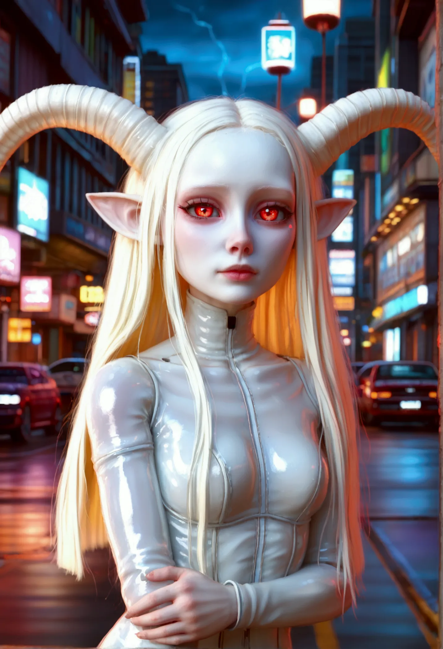 1 girl, (whole body:1.4), (head-to-toe), (albino demon girl:1.4), (huge long white intricate furry horns), ((white long dreads))...