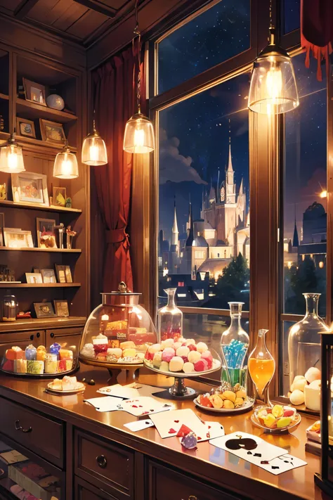 mystical space like a fairy tale,sweets, toys, and the playing cards scatter in the air.,large glass jar,there&#39;girl in a gla...