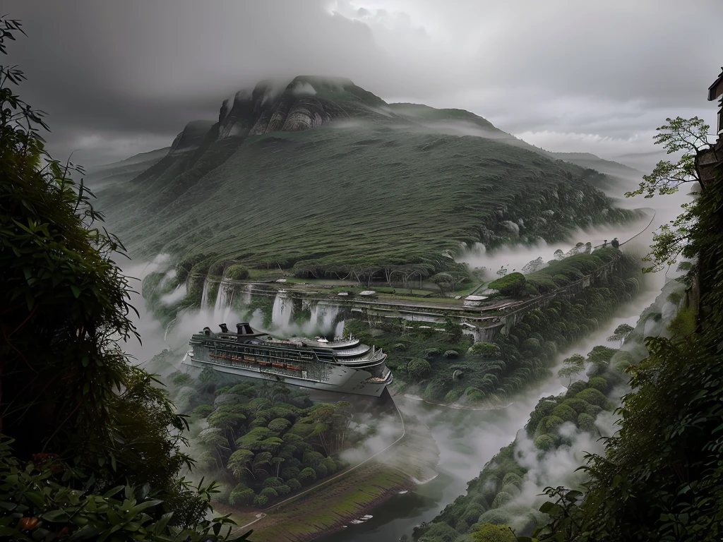 Photorealistic drone photo of a mountain slope covered in dense vegetation with a mist of humidity. Among the greenery, the outlines of a massive, aged, and rusty cruise liner are visible. The scene is epic and mysterious, reminiscent of the X-Files, with the overgrown jungle partially obscuring the ship. The atmosphere is eerie and captivating, with the mist adding a sense of intrigue and otherworldliness. The lush green foliage contrasts with the decaying, rusted structure of the cruise liner, creating a surreal and enigmatic visual.