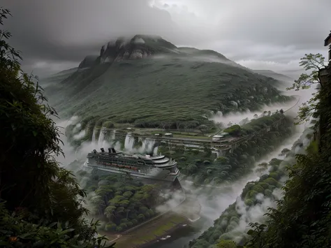 photorealistic drone photo of a mountain slope covered in dense vegetation with a mist of humidity. among the greenery, the outl...