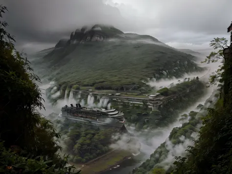 photorealistic drone photo of a mountain slope covered in dense vegetation with a mist of humidity. among the greenery, the outl...