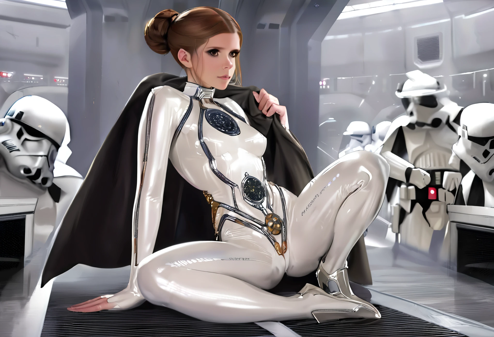 Kate Mara (age 25) in the role of Princess Leia (white metallic skinsuit and cloak) is a high tech and very dangerous torture chamber pleading with Darth Vader for mercy
