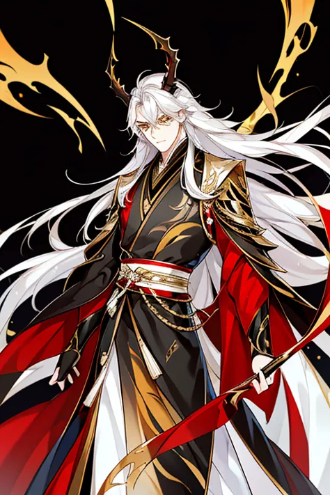 handsome, solo, 1 male, long hair, white hair , yellow eyes, black shirt, black suit, hanfu with red dragon patterns and gold ed...