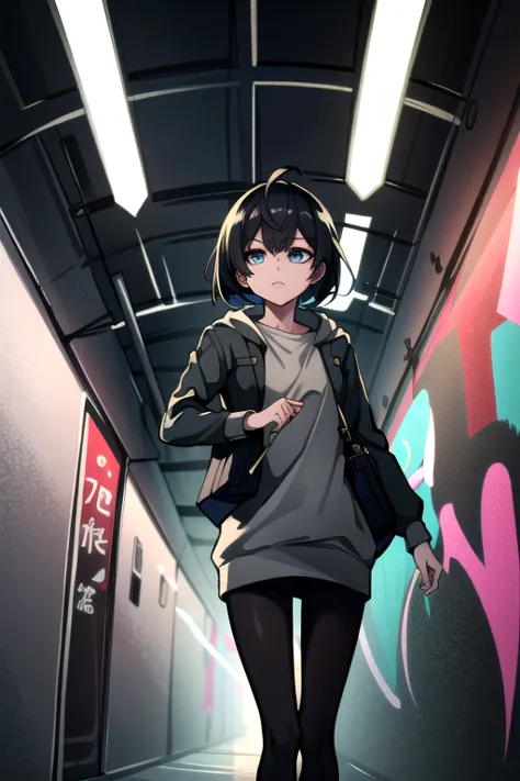 (masterpiece, best quality:1.3) 
moirare, 1girl, solo, short hair, urban underground graffiti tunnel, night, vibrant and edgy wi...