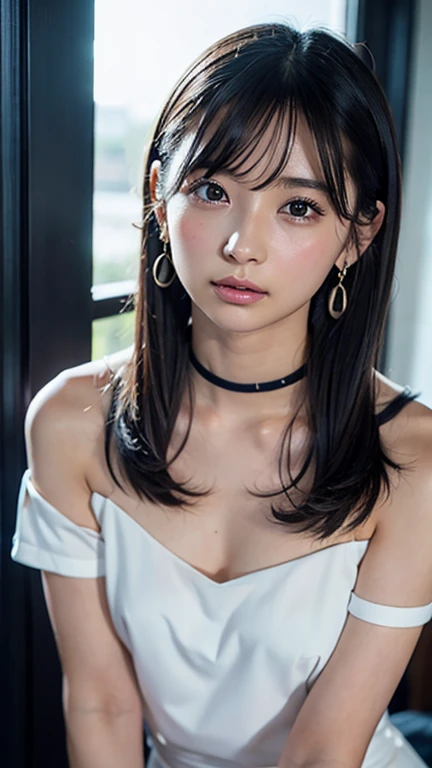 ((Completely naked))beautiful, calm and bright look、Refreshing look、完璧なbeautifulcute顔、Very bright、Long bangs between the eyes、Long black hair straight hair、とてもcute、beautifully、Young little woman、非常に完璧なbeautifulcute顔、、Real17歳女性、cute,((Small breasts：1.4))、(()) And a very slim figure,Very thin leganicules、Earrings、Pink Lip、choker、Real、Highest quality、Detailed face、Detailed Background、Depth of written boundary、alone、night,Highest quality、High resolution、超High resolution（Real：1.4）Detailed eyes、Gradation、Perfect anatomical figure、Woman with perfect body、Highly detailed skin、非常にDetailed face、細部までbeautiful目、Background blur、whole body viewing angle、