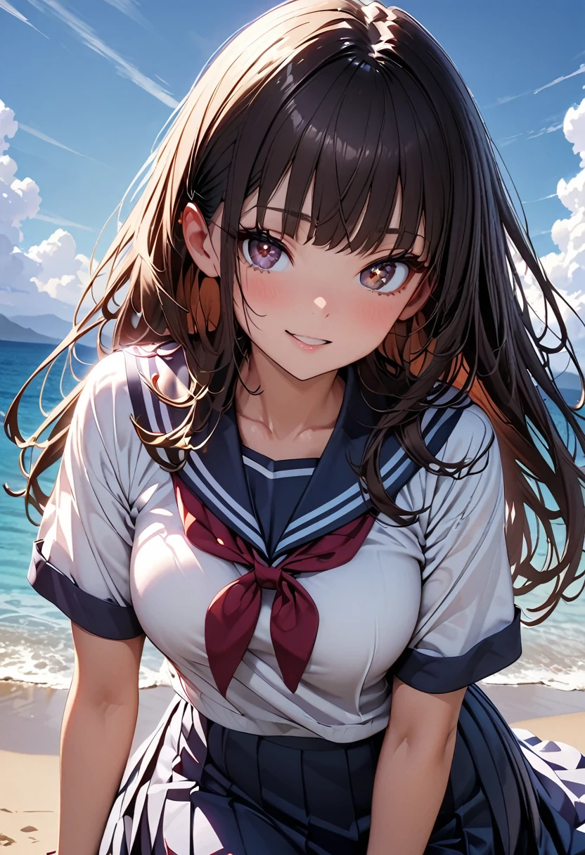 (best quality: 1.2, very detailed, high detail, Ultra-high resolution, latest, lively, masterpiece: 1.2, top quality, best aesthetic, perfect lighting, best shadow, high contrast, the best natural light), Anime artwork, 
anatomically correct, perfect hands, 
((attractive high school girl, 1 girl)), 
(Japanese school girl uniform, Japanese sailor suit, short sleeves), 
long straight hair, bangs, shiny dark brown hair, 
(small face:1.1), long body, long limbs, white skin, slender body, toned body, 
sparkling dark eyes, moist eyes, (finely detailed beautiful eyes: 1.3), 
seductive face, adorable face, 
summer, daytime, scenery, beautiful ocean and blue sky ,sandy beach, natural light effects, 
cowboy shot, shot from below, 
deep depth of field, 