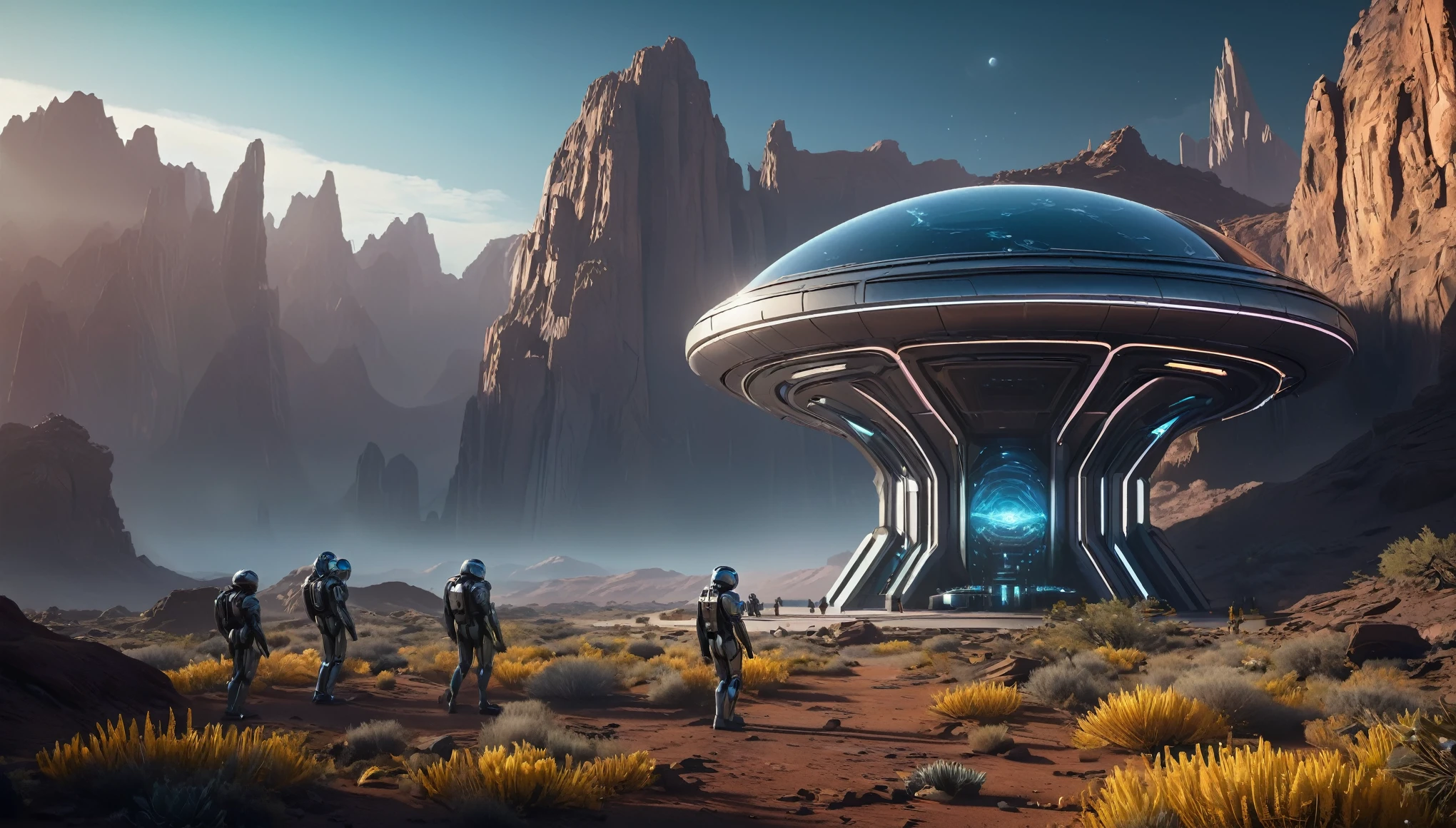 An off-world outpost in the best quality, 4k, 8k, highres, and a masterpiece with a scaling factor of 1.2, presenting ultra-detailed and realistic visuals. The outpost is set in an unknown distant planet, revealing a highly advanced civilization and cutting-edge technology. 

The main focus is a futuristic structure, gleaming with metallic materials and smooth surfaces. Its architectural design showcases a blend of geometric precision and organic curves, suggesting both elegance and efficiency. The outpost stands tall, emitting a soft, neon-like glow that contrasts beautifully with the dark, mysterious landscape surrounding it.

A bustling atmosphere fills the scene, with fully rendered humanoid robots gliding seamlessly through the environment. Their sophisticated appearances include intricate details such as glistening circuit patterns and delicately moving joints. The robots efficiently perform tasks, demonstrating their seamless integration into the outpost's operations.

In the background, sprawling alien flora can be seen, with vibrant colors and unusual shapes. These plants emit a subtle bioluminescent glow, creating an otherworldly ambiance. The air is tinged with a mix of fresh scents and metallic undertones, suggesting the presence of advanced life-support systems within the outpost.

The lighting in the scene is atmospheric and captivating. Variations of soft, diffused light pour from strategically placed sources, casting gentle shadows that enhance the three-dimensional feel of the outpost and its surroundings. The interplay of light and shadow adds depth and realism to the visual narrative.

The overall color palette is a harmonious blend of cool and warm tones. The metallic structures exhibit shades of metallic silver and hints of iridescent blues, evoking a sense of technological advancement and sophistication. The surrounding landscape and alien flora feature soft pastel hues, showcasing the beauty and diversity of the off-world environment.

