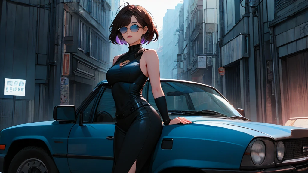 {{night}},　{sunglasses},　A woman on the left side of the composition, {{carの前で座る女}}、{nightの埠頭}, {{{nightのネオン}}}, super detailed skin, masterpiece:1.4, 8K resolution, ultra HD, symmetric eyes, Brown Hair、car、Beautiful Asian girl with purple hair, Perfect Face,  Sleeveless, Neon Black, (Backlight: 1.1), Hard Shadows, masterpiece, Highest quality, Complex, Model shooting style, Vintage, Film Grain, 　超精巧なcar,　(better hands):1.7, emo, flat breast, 1woman, best illustration,