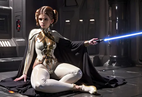 kate mara (age 25) in the role of princess leia (white metallic skinsuit and cloak) is a high tech and very dangerous torture ch...