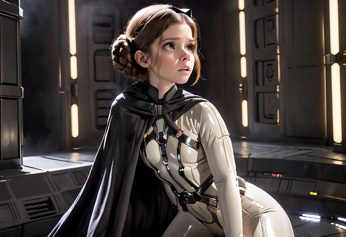 Kate Mara (age 25) in the role of Princess Leia (white metallic skinsuit and cloak) is a high tech and very dangerous torture chamber pleading with Darth Vader for mercy, damsel in pain, damsel in distress
