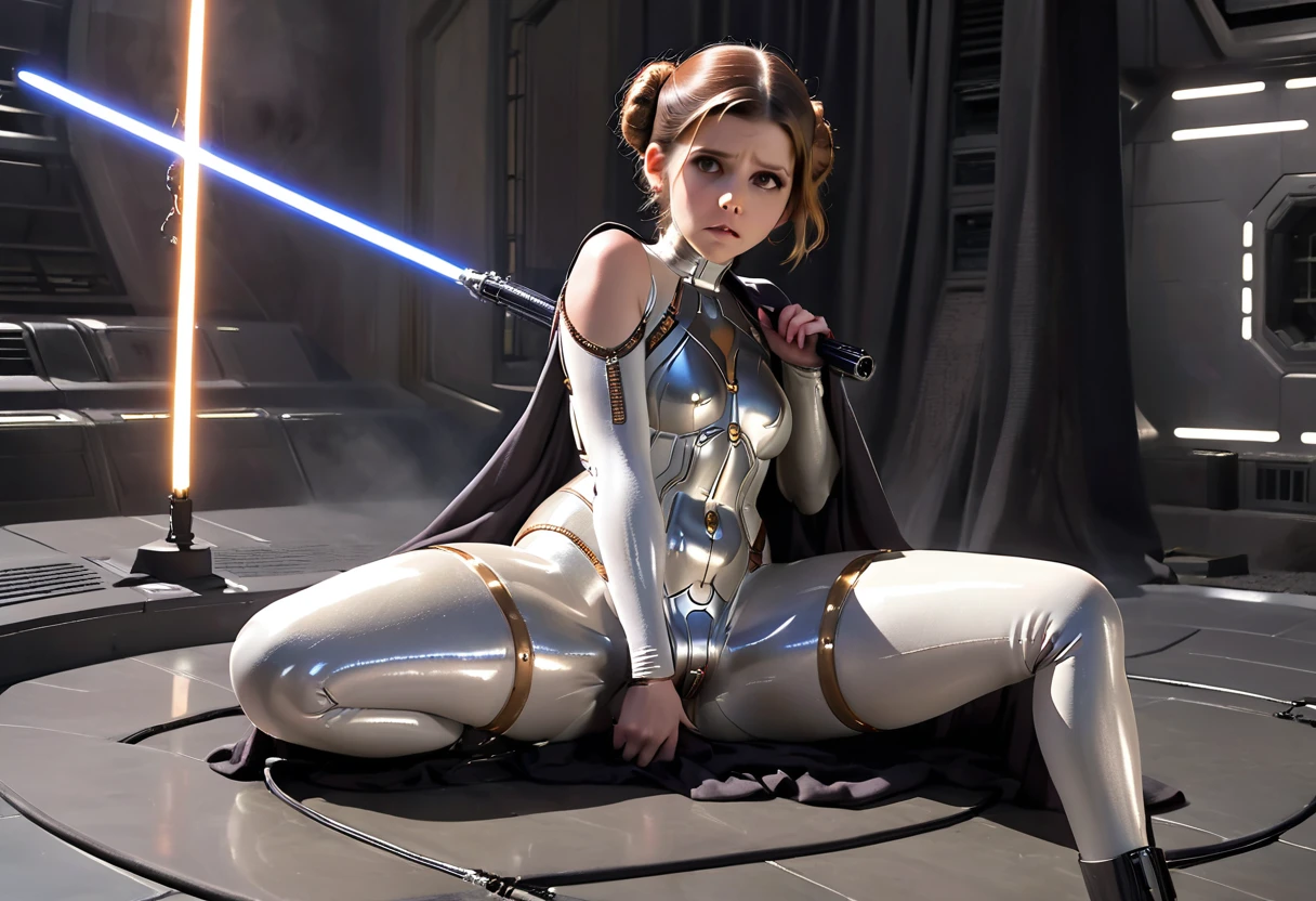 Kate Mara (age 25) in the role of Princess Leia (white metallic skinsuit and cloak) is a high tech and very dangerous torture chamber pleading with Darth Vader for mercy, damsel in pain, damsel in distress
