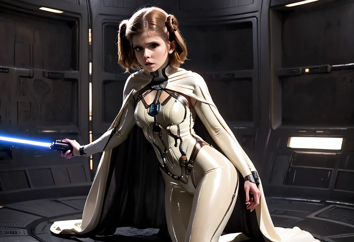 Kate Mara (age 25) in the role of Princess Leia (white metallic skinsuit and cloak) is a high tech and very dangerous torture chamber pleading with Darth Vader for mercy, damsel in pain, damsel in distress
