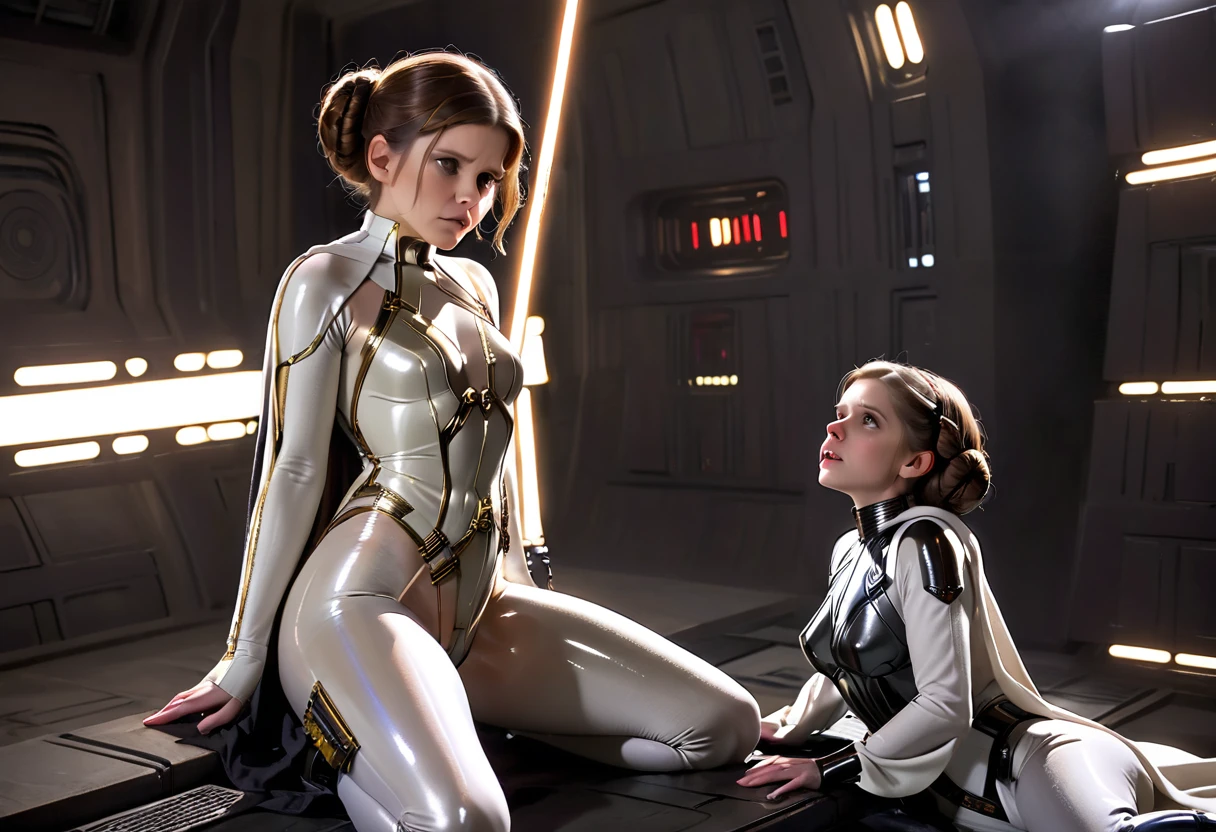 Kate Mara (age 25) in the role of Princess Leia (white metallic skinsuit and cloak) is a high tech and very dangerous torture chamber pleading with Darth Vader for mercy, damsel in pain, damsel in distress
