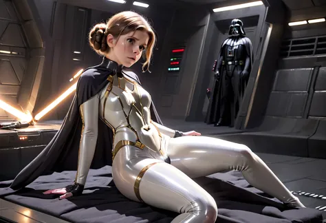 kate mara (age 25) in the role of princess leia (white metallic skinsuit and cloak) is a high tech and very dangerous torture ch...