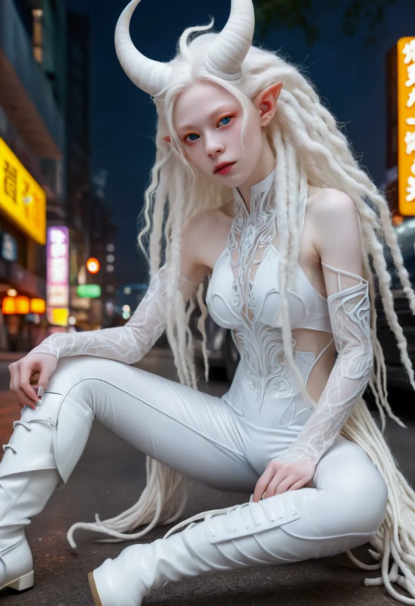 1 girl, (whole body:1.4), (head-to-toe), (albino demon girl:1.4), (huge long white intricate furry horns), ((white long dreads))...