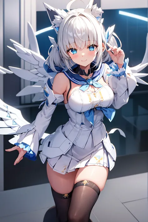 mecha wings、white and blue skirt、thighs、tights、chest、twin tails、white hair、1 girl、solo girl、is、frame arms girl、alice gere aegis、...