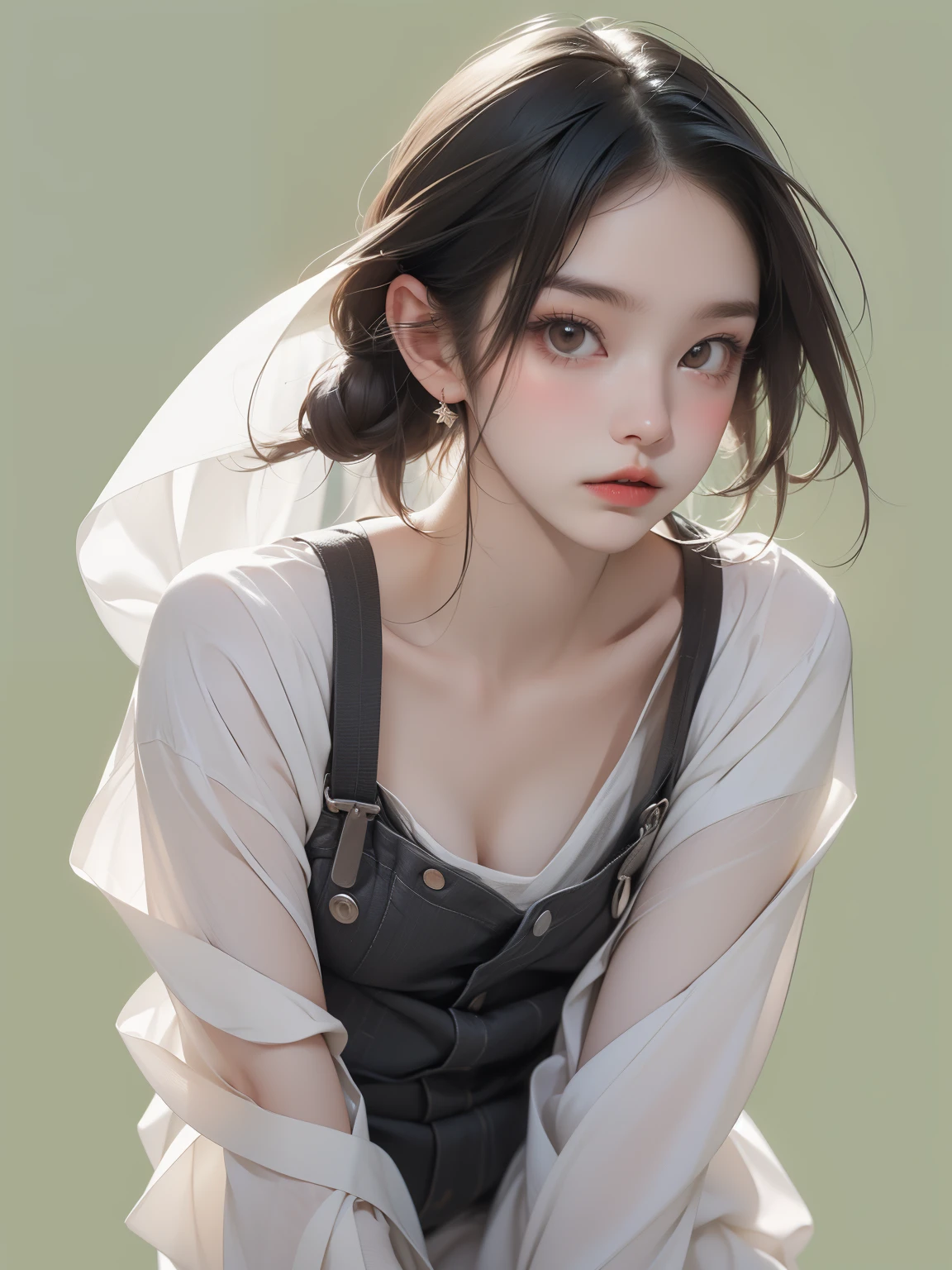 (masterpiece, Highest quality, One girl, alone, Intricate details, chromatic aberration), (Realistic), (顔のshape: Long face),(eye: きりっとしたeye, Cold Stare, eye shadow),(nose: nose筋のthinnose),(mouth: Neutral lips),(skin: 透明感のある白いskin), (shape: Wide Hips, Thigh Gap, Small breasts, thin), (Overall impression: Korean young woman), (Yellow-green background)