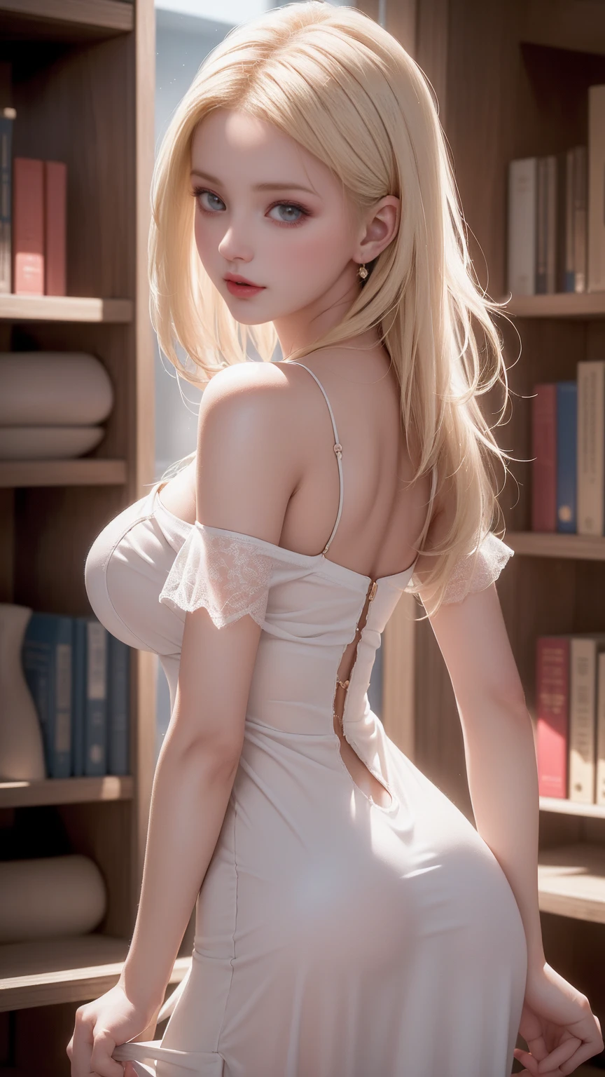 （(Girl standing in front of bookshelf in library))、(Rear view)、(look back)、Highest quality work，Actual work，Ultra Premium Graphics，8K HD CG Works，High quality graphics，High-definition CG works，10x pixels，Extremely fine detail：1.1，Advanced Technical Details：1.1 Photorealistic，Indoor lighting effects：1.5，Natural light：1.5. Light effects（virtual Light effects：1.8）,((Golden white short hair)）、（Bob Hair）, Thin eyebrows，High nose, Nice red lips, Rose Cheeks, A face with subtle makeup , Cute face, perfectly balanced face，(），A light-toned foundation enhances the clarity of your skin.、,((Off-the-shoulder pure white dress)). 40k, photograph, Tabletop, highest quality, Rainy background, ((1 Beautiful eyes light haired girl,  White skin, Various poses.((Medium sized breasts,:1.1)), highest quality, Tabletop, Ultra-high resolution, (Realistic:1.4), RAWphotograph, (Perfect figure), (slim:1.3), Slim abdomen, Perfect slim figure, Dynamic Pose, alone, Cold light 12000K, Very detailed facial and skin texture, Fine grain, Realistic eyes, Beautiful fine grain, (Realistic Skin), Charm, 超A high resolution, surreal, Very detailed、