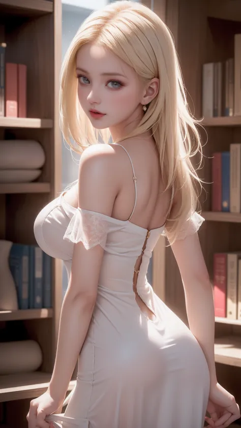 （(girl standing in front of bookshelf in library))、(rear view)、(look back)、highest quality work，actual work，ultra premium graphi...